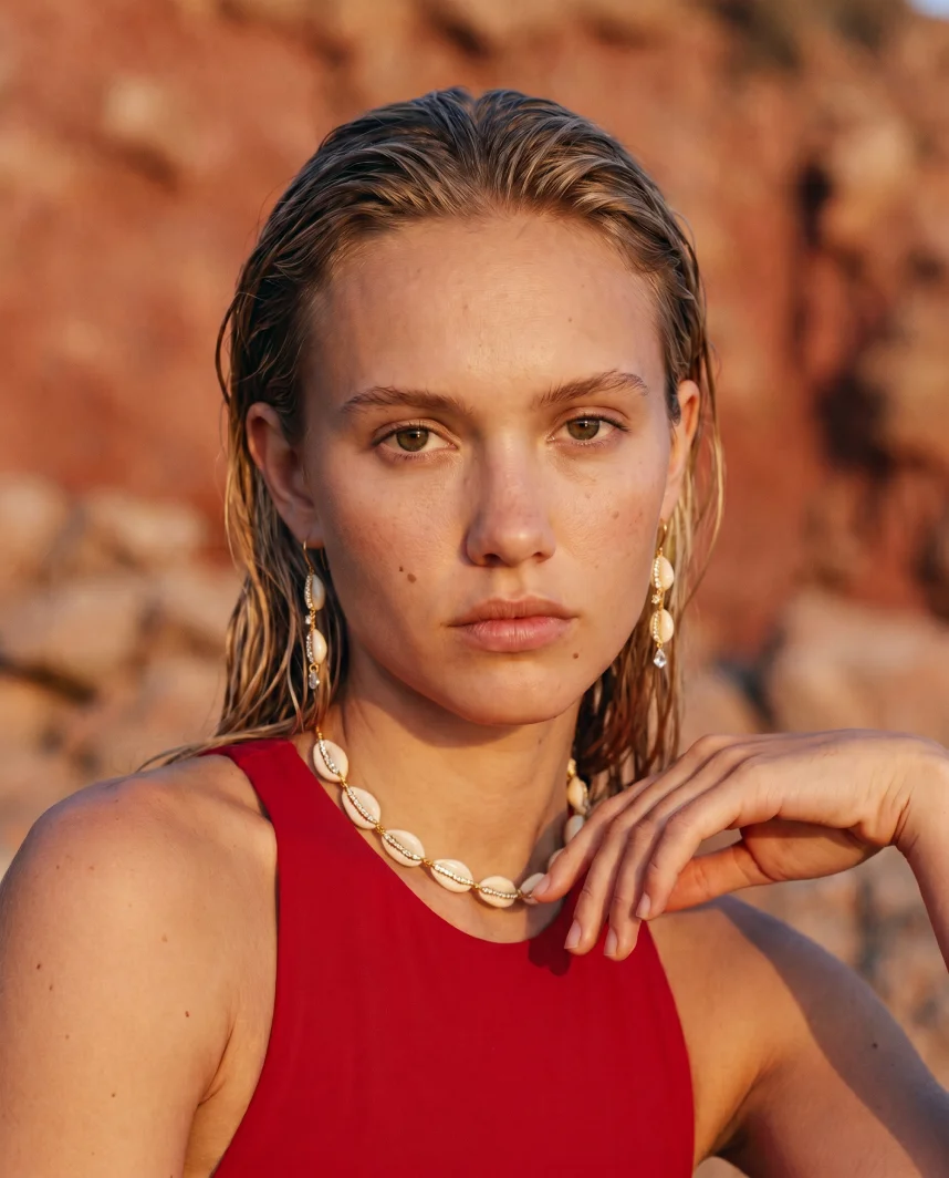 Portrait with gold earrings against red rock