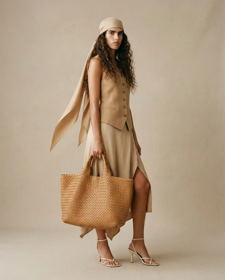 Model in tan outfit with woven bag