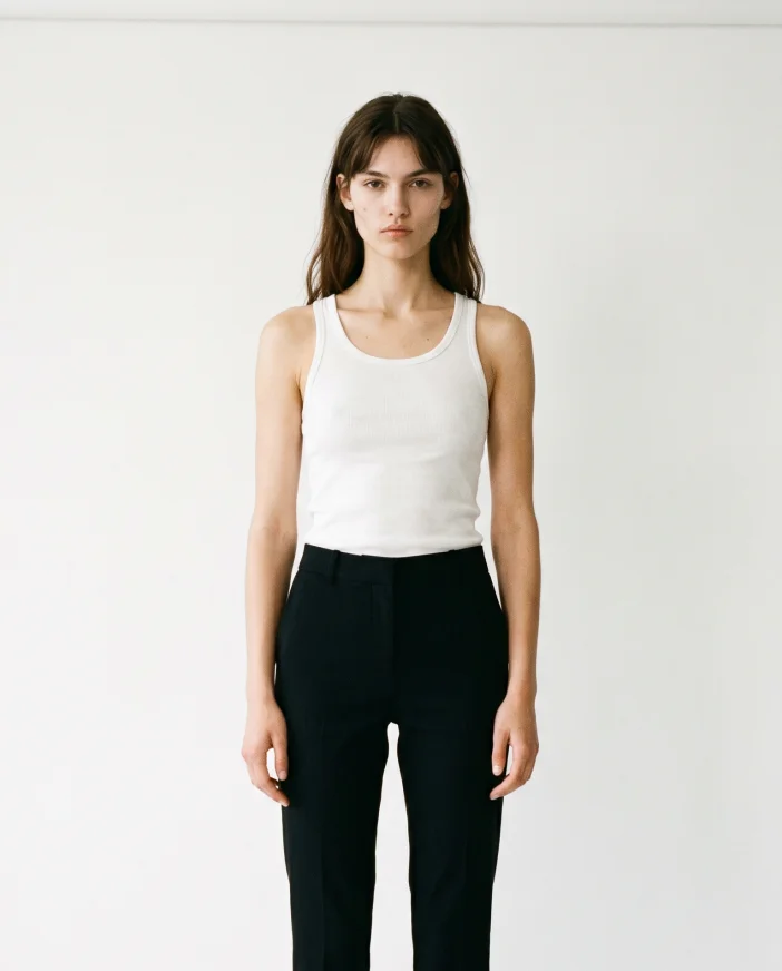 Model in white tank top and black trousers