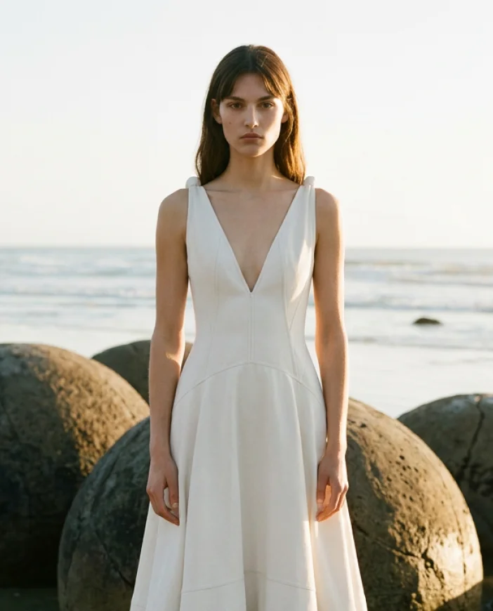 Model in white dress standing among beach boulders