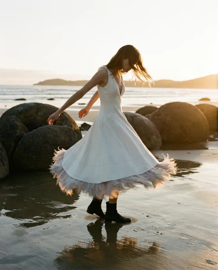 Model twirling in white feathered dress on the beach